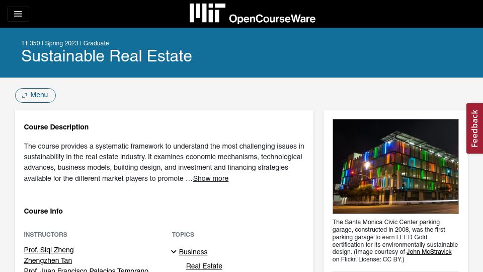 Screenshot of ocw.mit.edu: MIT 11.350: Sustainable Real Estate