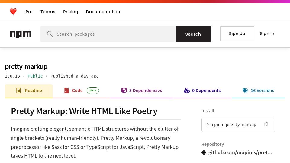 Screenshot of npmjs.com: Show HN: Preprocessor I've been working 4 years now