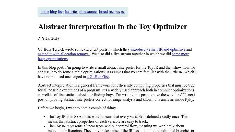 Screenshot of bernsteinbear.com: Abstract Interpretation in the Toy Optimizer