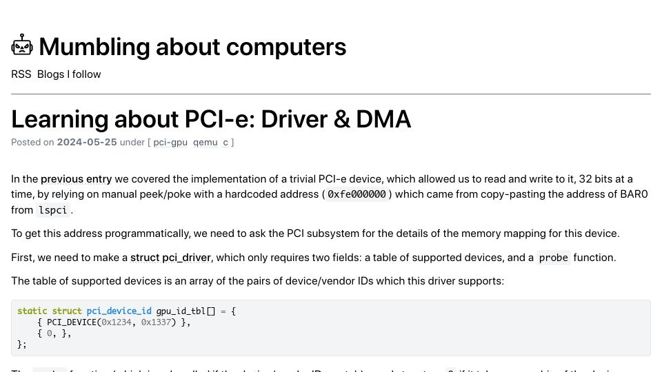 Screenshot of blog.davidv.dev: Learning about PCI-e: Driver and DMA