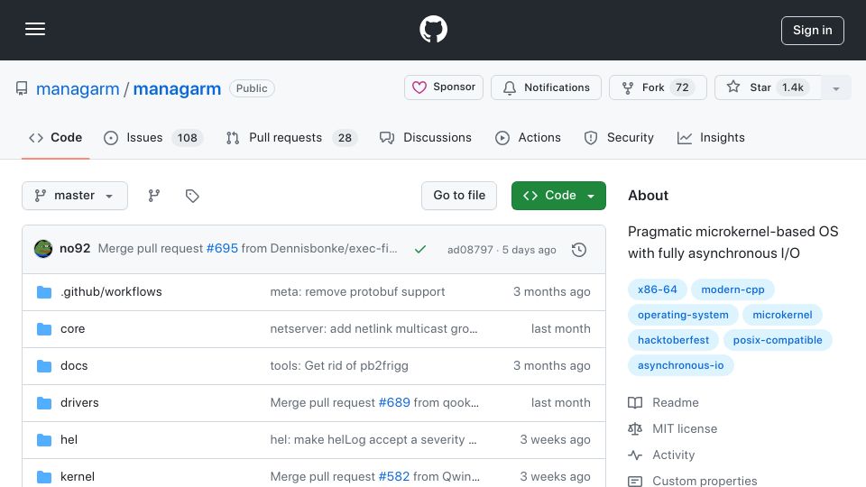 Screenshot of github.com: Managarm: Pragmatic microkernel-based OS with asynchronous I/O