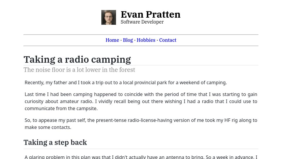 Screenshot of ewpratten.com: Taking a Radio Camping