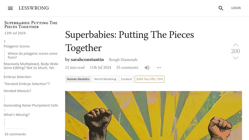 Screenshot of lesswrong.com: Superbabies: Putting the pieces together