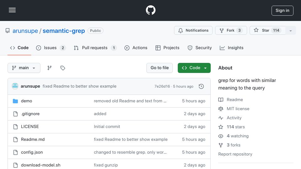 Screenshot of github.com: Show HN: Semantic Grep – A Word2Vec-powered search tool