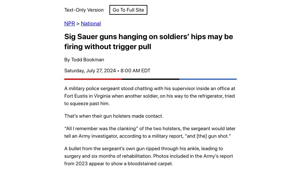 Screenshot of text.npr.org: Sig Sauer guns hanging on soldiers' hips may be firing without trigger pull