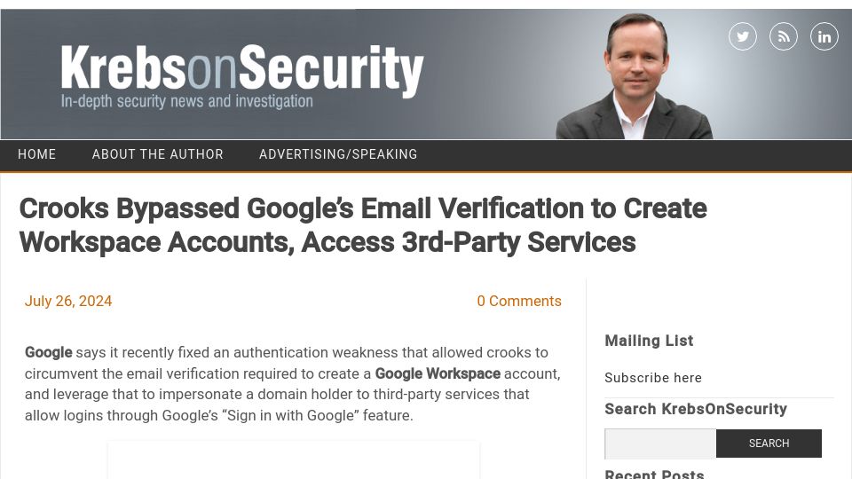 Screenshot of krebsonsecurity.com: Crooks Bypassed Google's Email Verification to Create Workspace Accounts, Acces