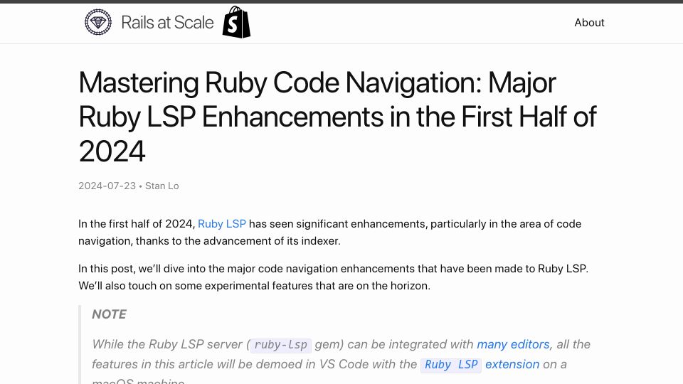 Screenshot of railsatscale.com: Mastering Ruby Code Navigation: Ruby LSP Enhancements in the First Half of 2024