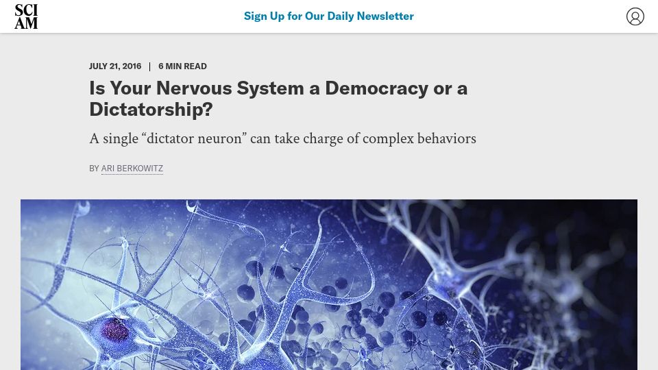 Screenshot of scientificamerican.com: Is the nervous system a democracy? (2016)