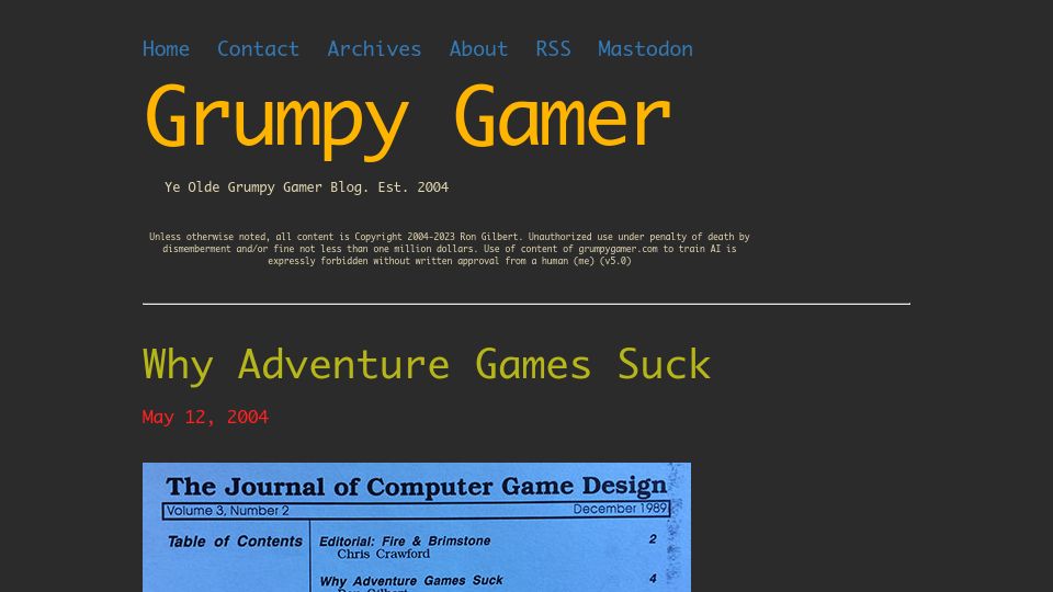 Screenshot of grumpygamer.com: Why Adventure Games Suck (1989)