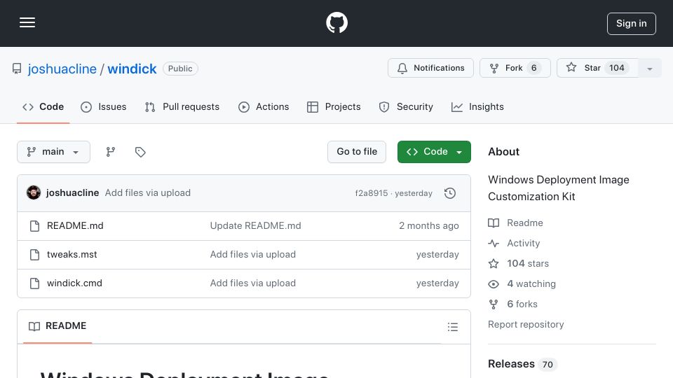 Screenshot of github.com: Windows recovery environment and bootable USB creator in 200kb