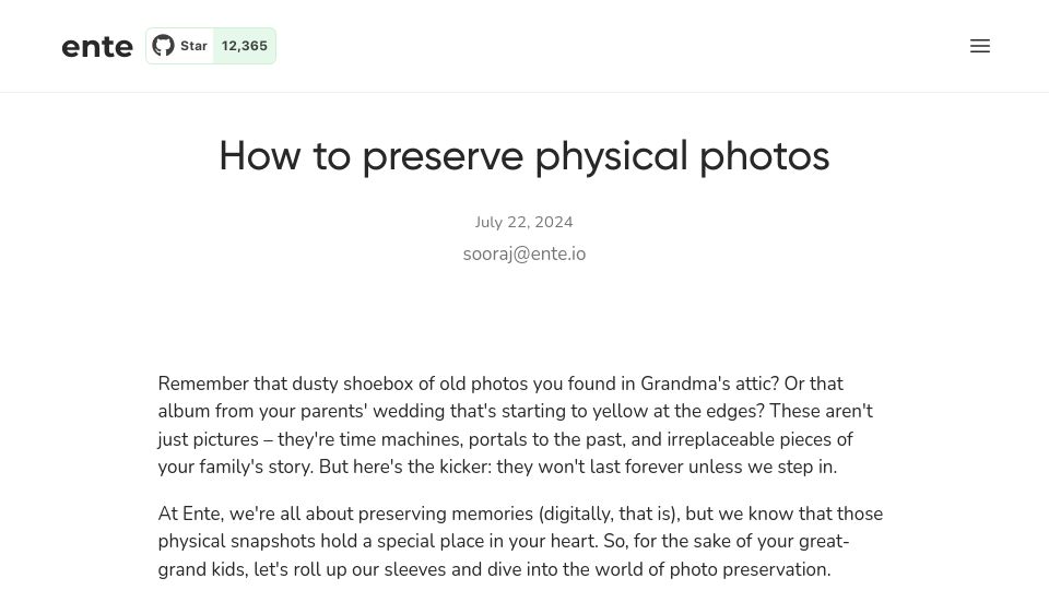 Screenshot of ente.io: How to Preserve Physical Photos