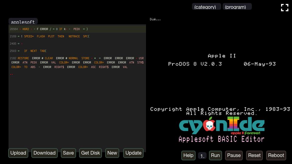 Screenshot of paleotronic.com: Show HN: Applesoft BASIC editor with example programs