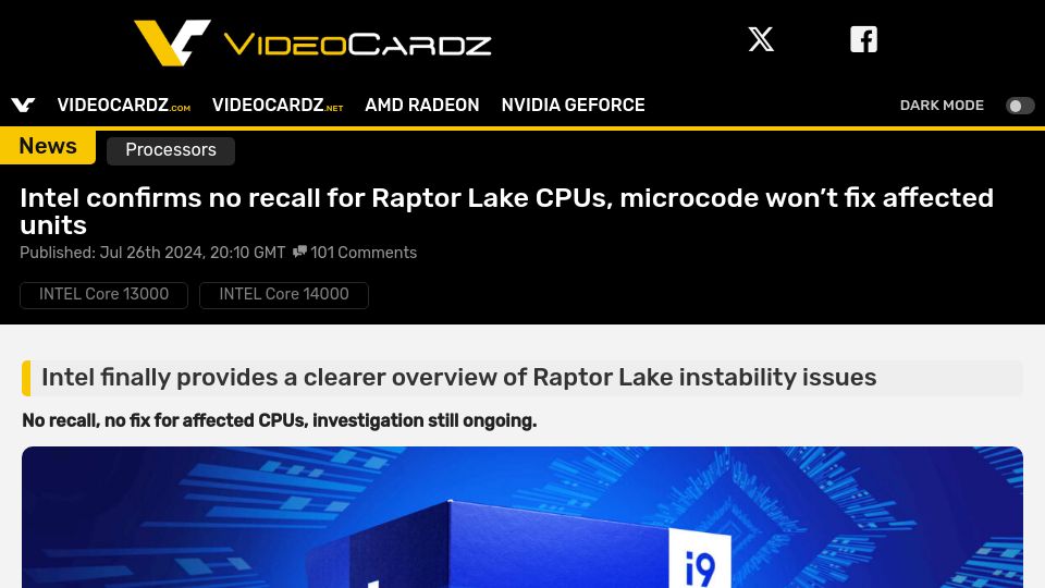Screenshot of videocardz.com: Intel confirms no recall for Raptor Lake CPUs,microcode won't fix affected units