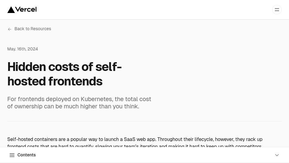 Screenshot of vercel.com: Hidden costs of self-hosted front ends