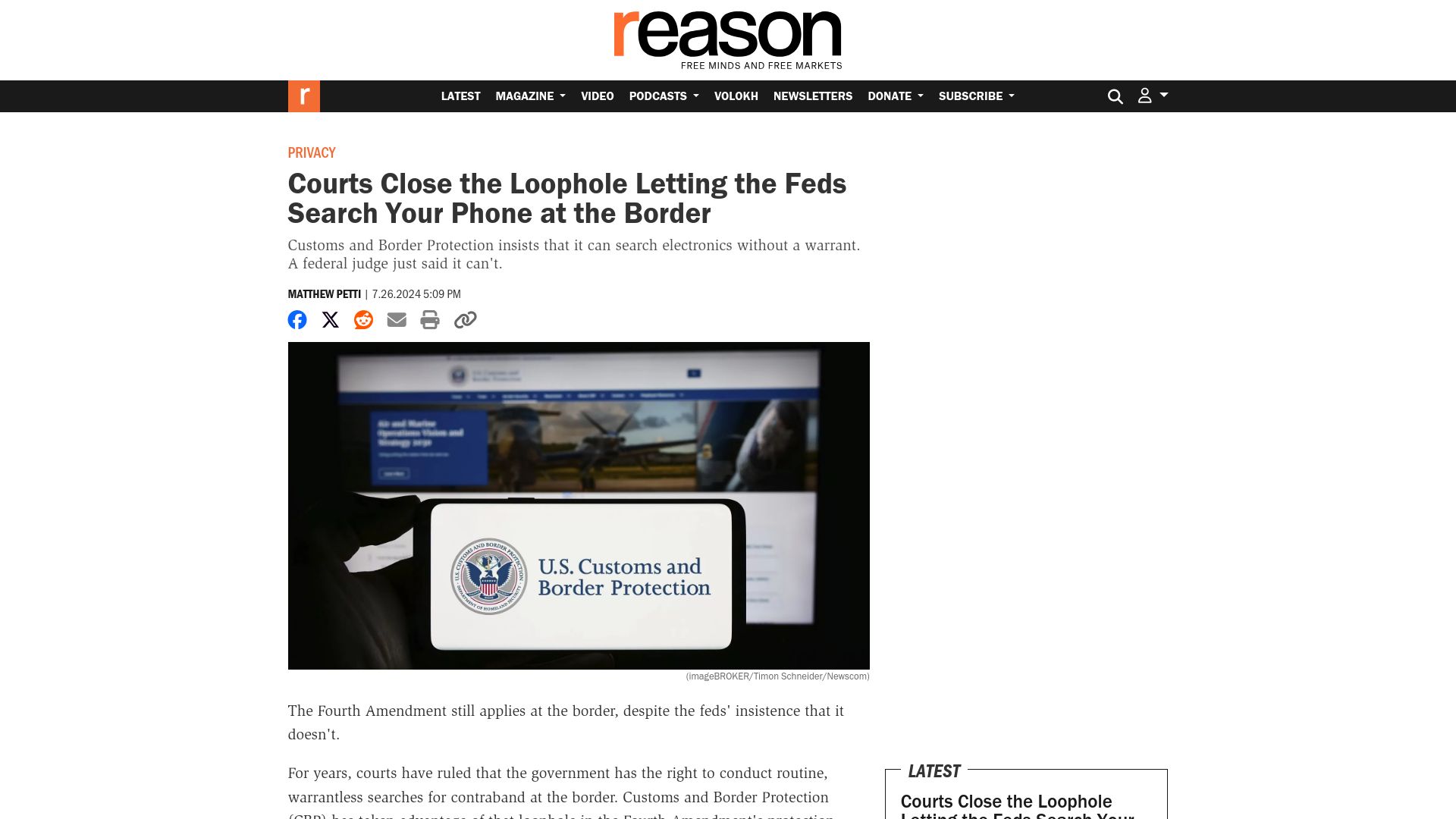 Screenshot of reason.com: Courts Close the Loophole Letting the Feds Search Your Phone at the Border