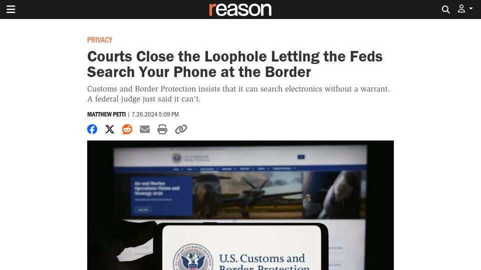 Screenshot of reason.com: Courts Close the Loophole Letting the Feds Search Your Phone at the Border