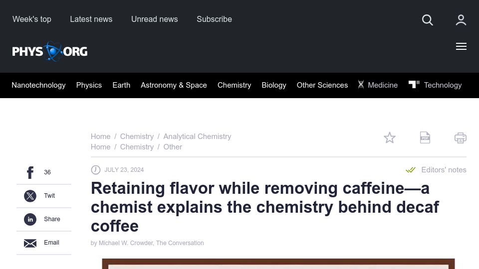 Screenshot of phys.org: A chemist explains the chemistry behind decaf coffee