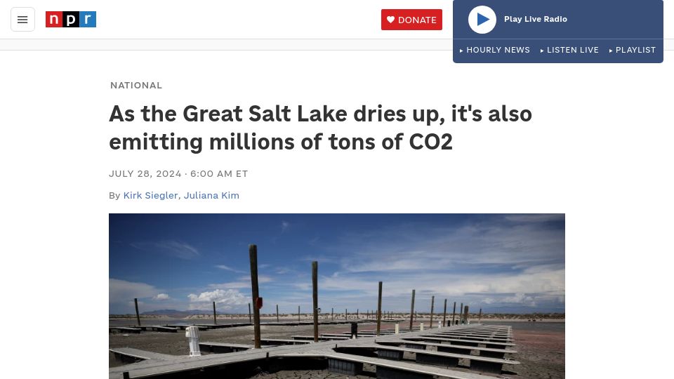 Screenshot of npr.org: As the Great Salt Lake dries up, it is emitting millions of tons of of CO2