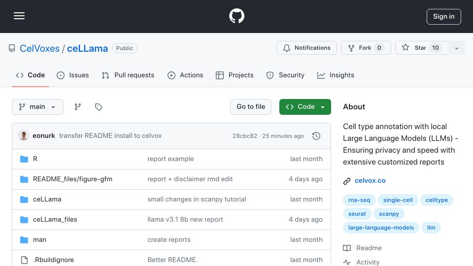 Screenshot of github.com: Show HN: CeLLama – Single cell annotation with local LLMs