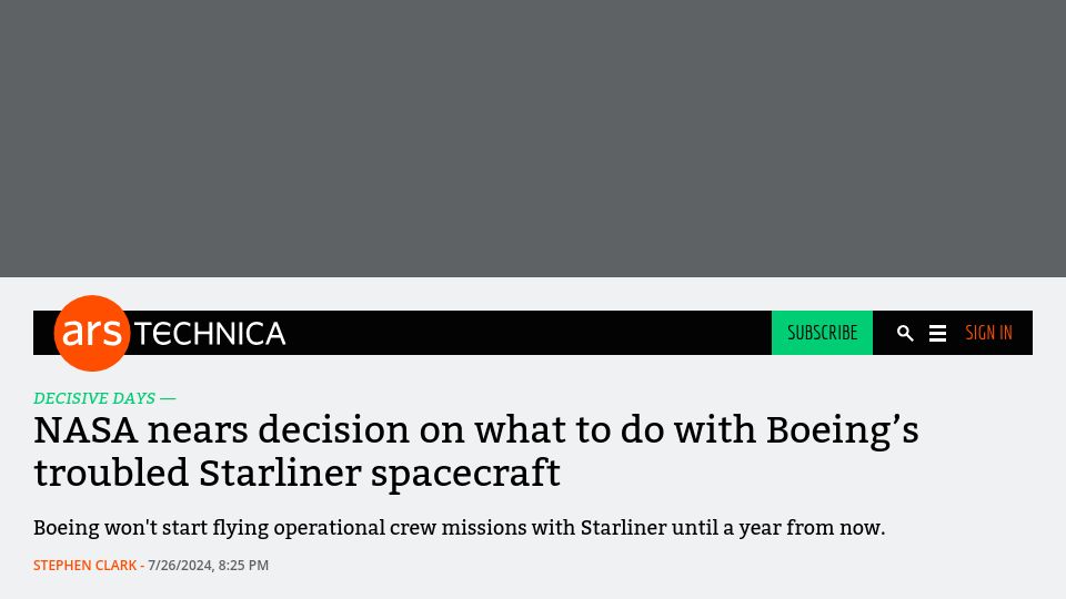 Screenshot of arstechnica.com: NASA nears decision on what to do with Boeing's troubled Starliner spacecraft