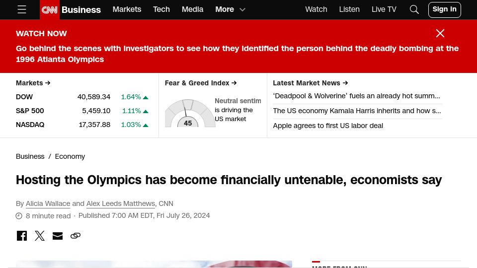 Screenshot of cnn.com: Hosting the Olympics has become financially untenable, economists say
