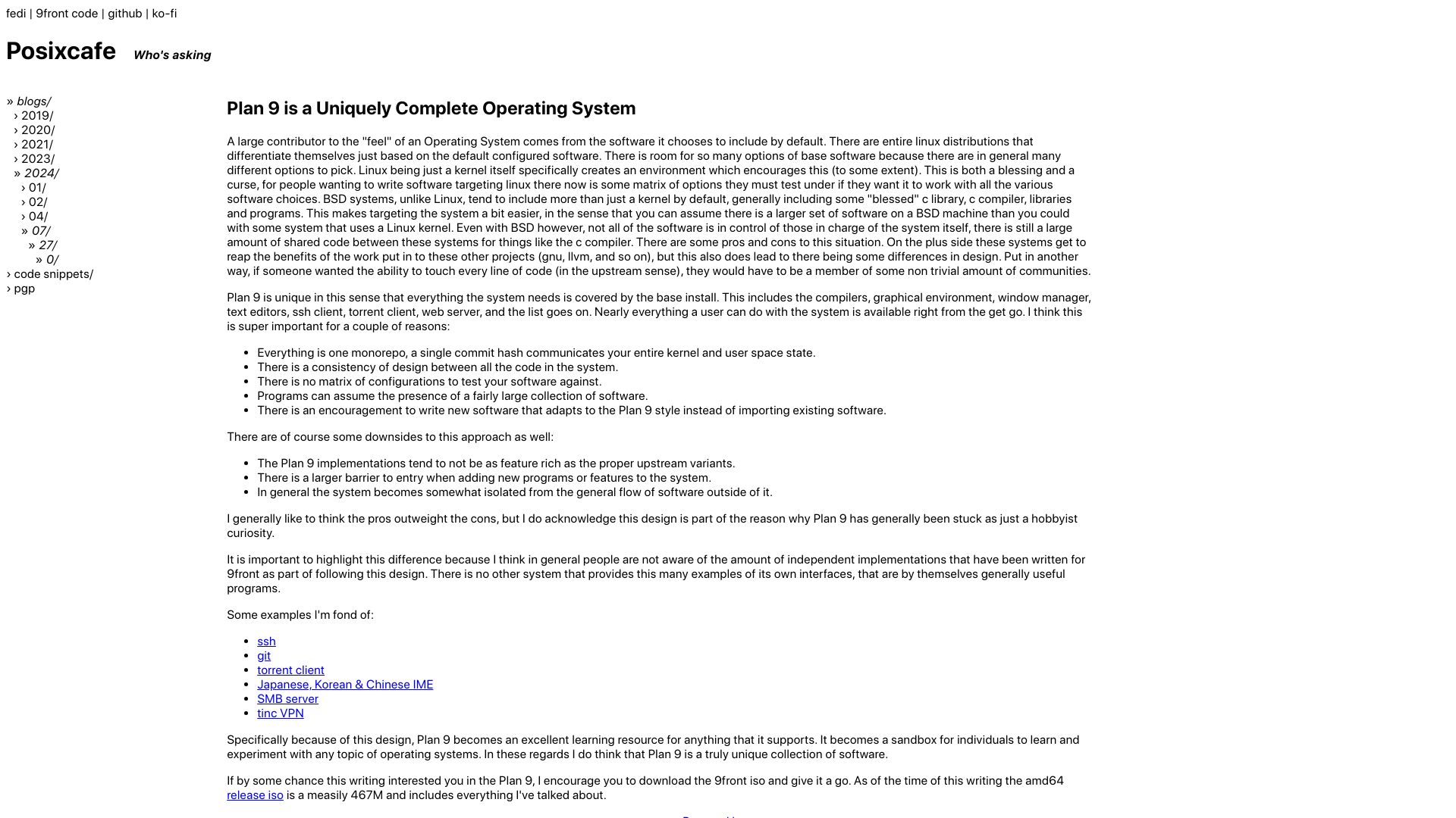Screenshot of posixcafe.org: Plan 9 is a uniquely complete operating system
