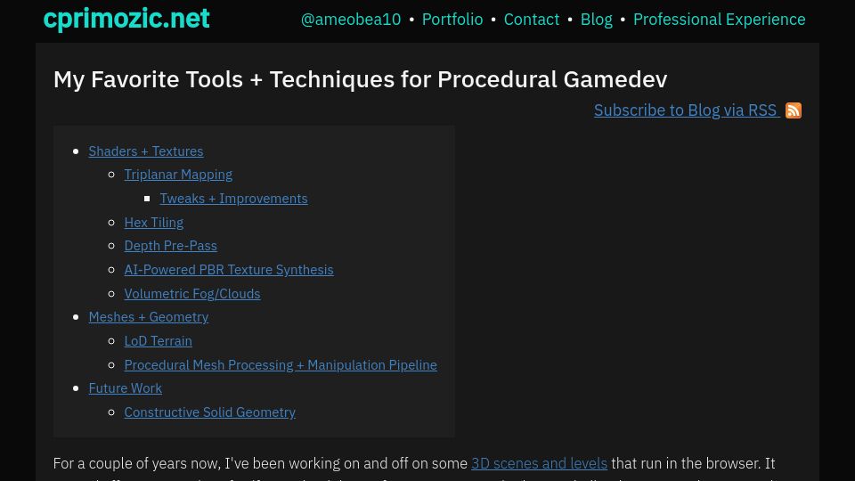 Screenshot of cprimozic.net: My favorite tools and techniques for procedural gamedev