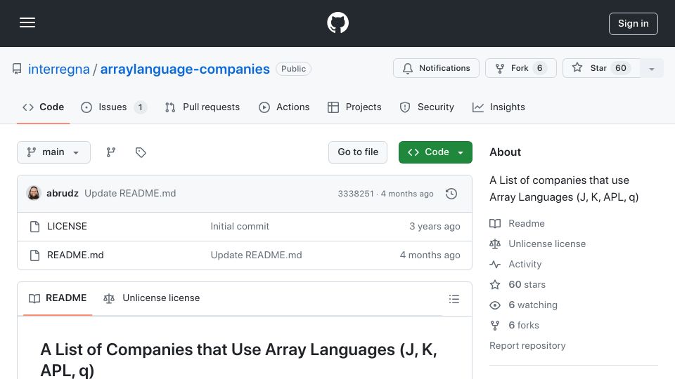 Screenshot of github.com: A List of companies that use Array Languages (J, K, APL, q)
