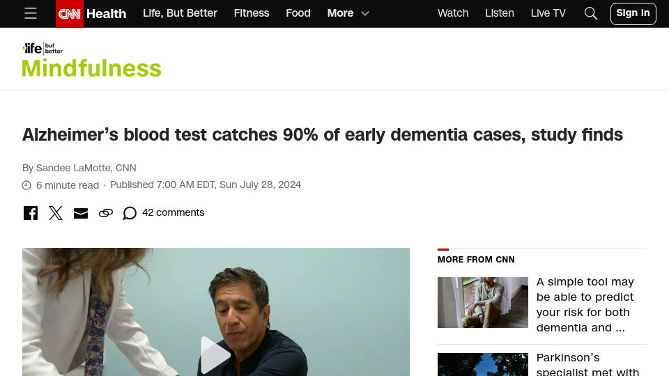 Screenshot of cnn.com: Alzheimer's blood test catches 90% of early dementia cases, study finds