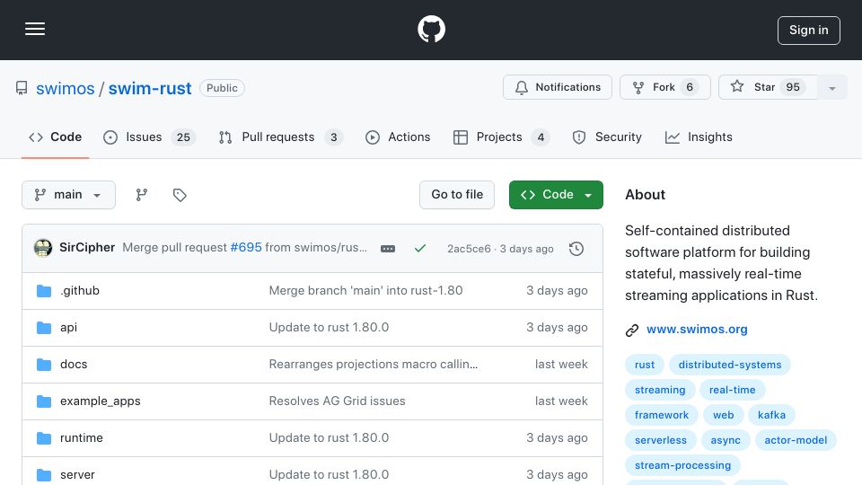 Screenshot of github.com: Show HN: SwimOS Rust – A framework for real-time streaming data applications