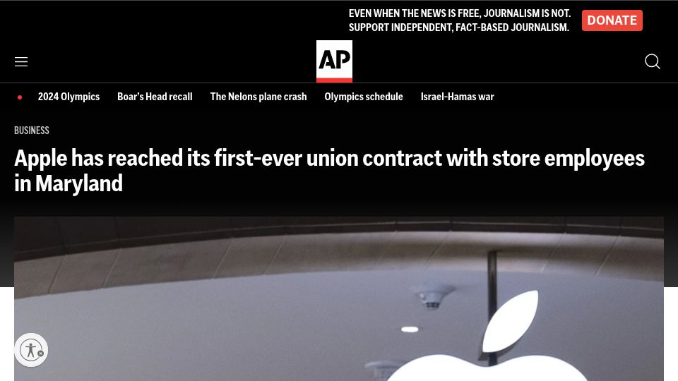 Screenshot of apnews.com: Apple has reached its first-ever union contract with store employees in Maryland