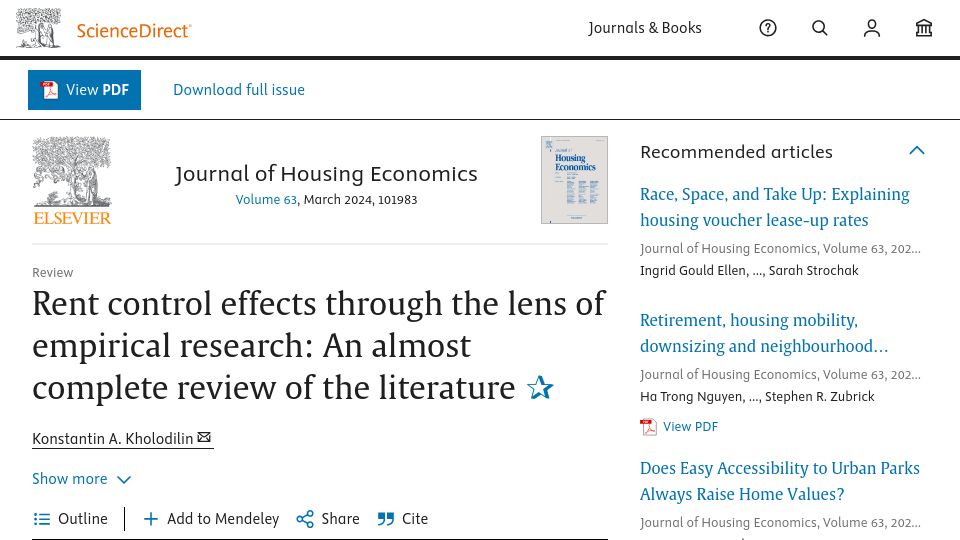 Screenshot of sciencedirect.com: Rent control effects: An almost complete review of the literature