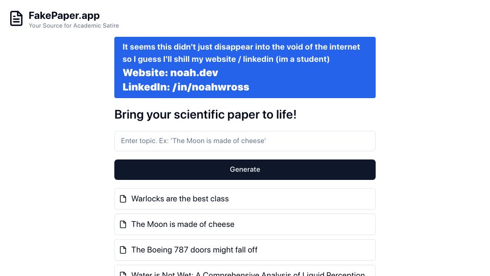 Screenshot of fakepaper.app: Fake Paper Generator