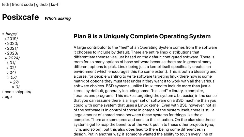 Screenshot of posixcafe.org: Plan 9 is a uniquely complete operating system