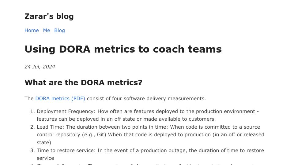 Screenshot of zarar.dev: Using DORA metrics to coach teams