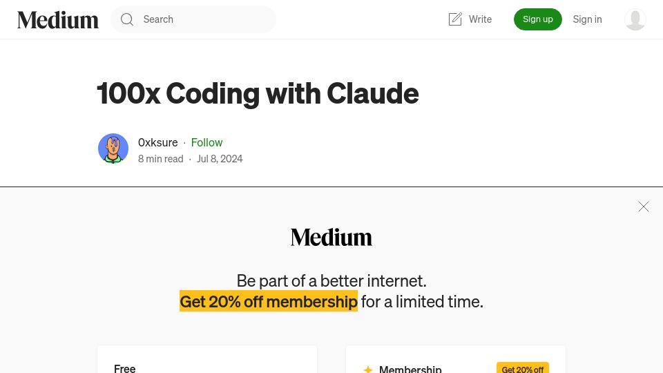Screenshot of 0xksure.medium.com: 100x Coding with Claude