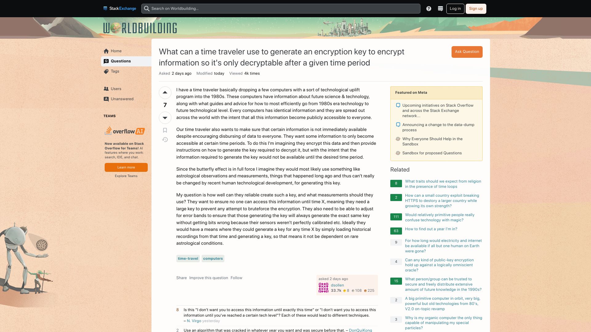 Screenshot of worldbuilding.stackexchange.com: How can a time traveler encrypt info so it's only decryptable after a given date