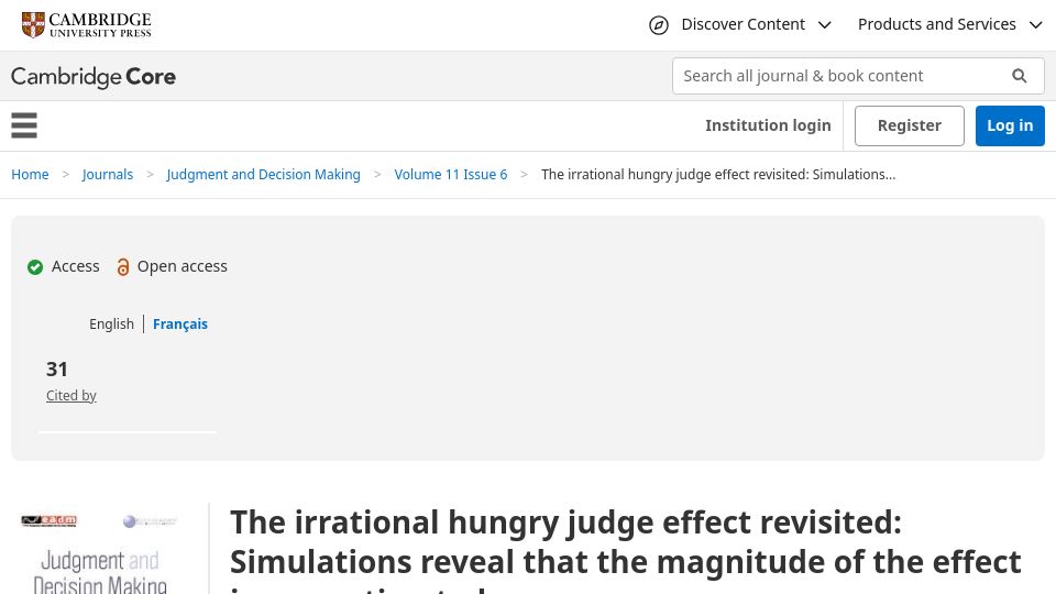 Screenshot of cambridge.org: The irrational hungry judge effect revisited (2023)