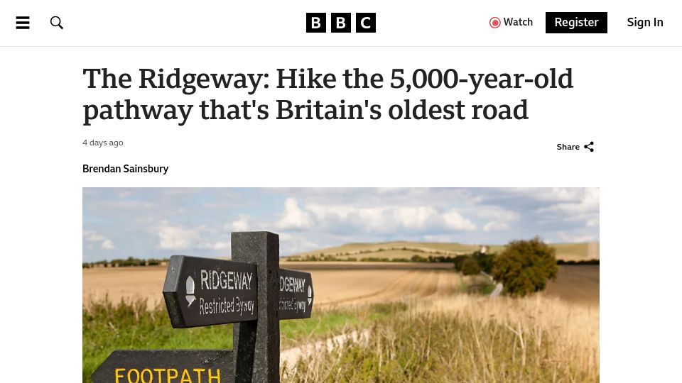 Screenshot of bbc.com: The Ridgeway: The 5k-year-old pathway that's Britain's oldest road