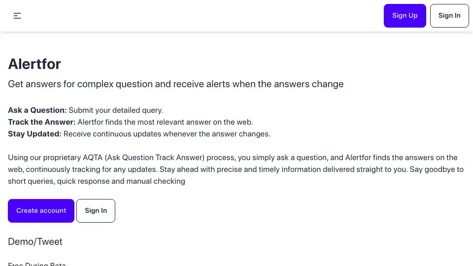 Screenshot of alertfor.com: Show HN: I made a tool to receive alerts when answers change
