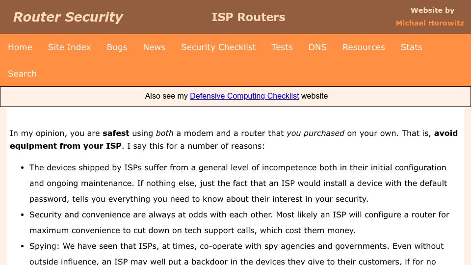 Screenshot of routersecurity.org: Avoid ISP Routers