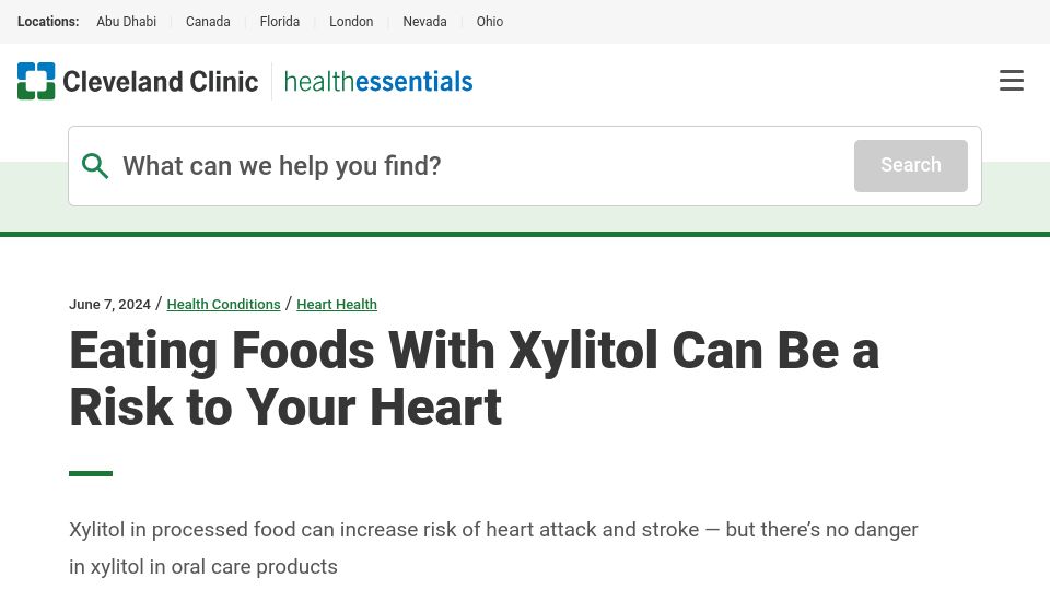 Screenshot of health.clevelandclinic.org: Eating Foods with Xylitol Can Be a Risk to Your Heart