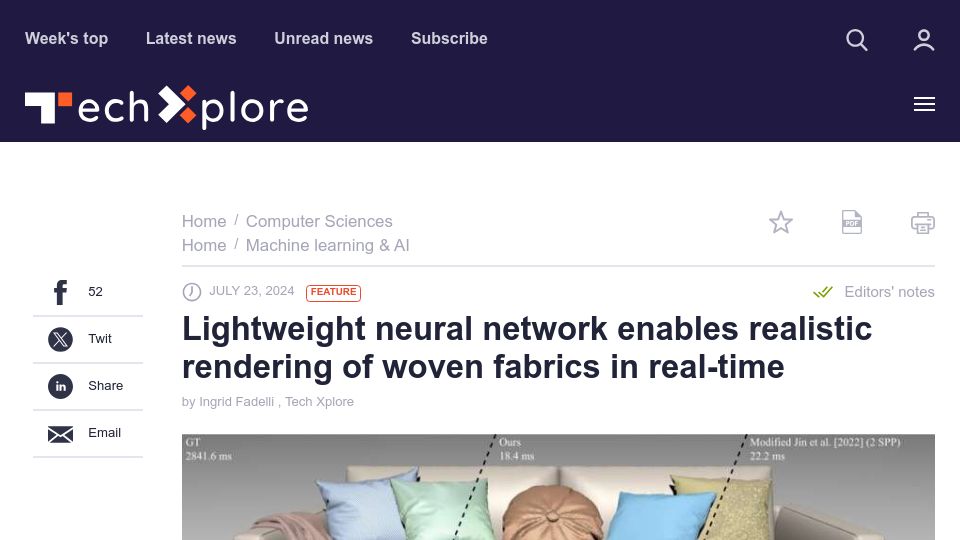 Screenshot of techxplore.com: Small neural network enables realistic rendering of woven fabrics in real-time