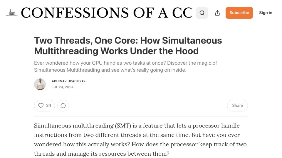Screenshot of blog.codingconfessions.com: How simultaneous multithreading works under the hood
