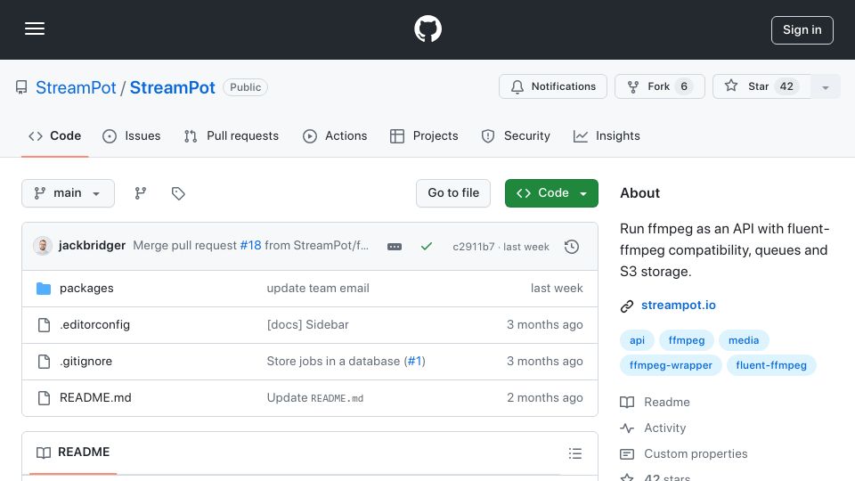 Screenshot of github.com: StreamPot: Run FFmpeg as an API with fluent-FFmpeg compatibility, queues and S3