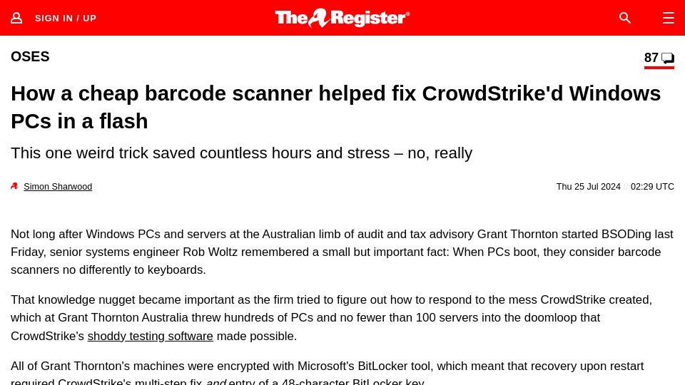 Screenshot of theregister.com: A cheap barcode scanner helped fix CrowdStrike'd Windows PCs in a flash
