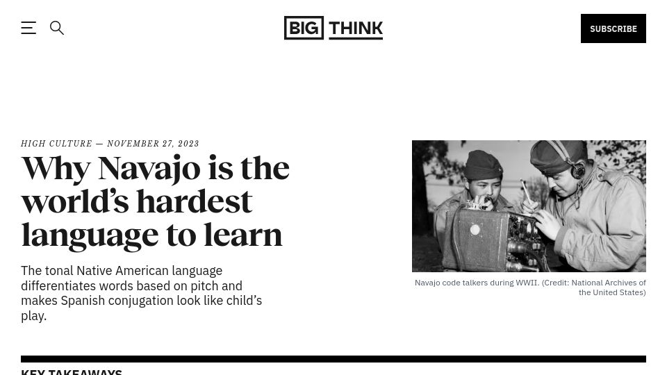 Screenshot of bigthink.com: Why Navajo is one of the most difficult languages (2023)