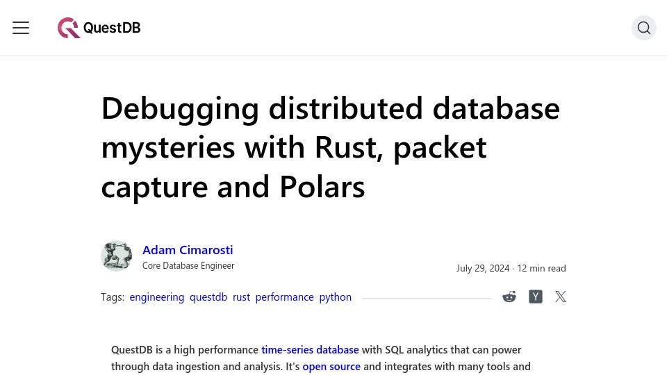Screenshot of questdb.io: Debugging distributed database mysteries with Rust, packet capture and Polars