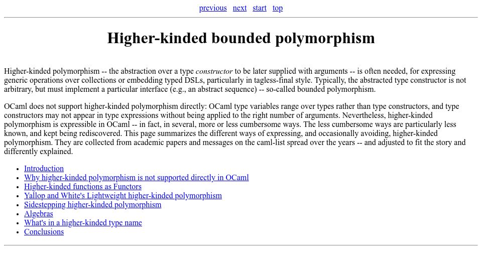 Screenshot of okmij.org: Higher-kinded bounded polymorphism in OCaml (2021)