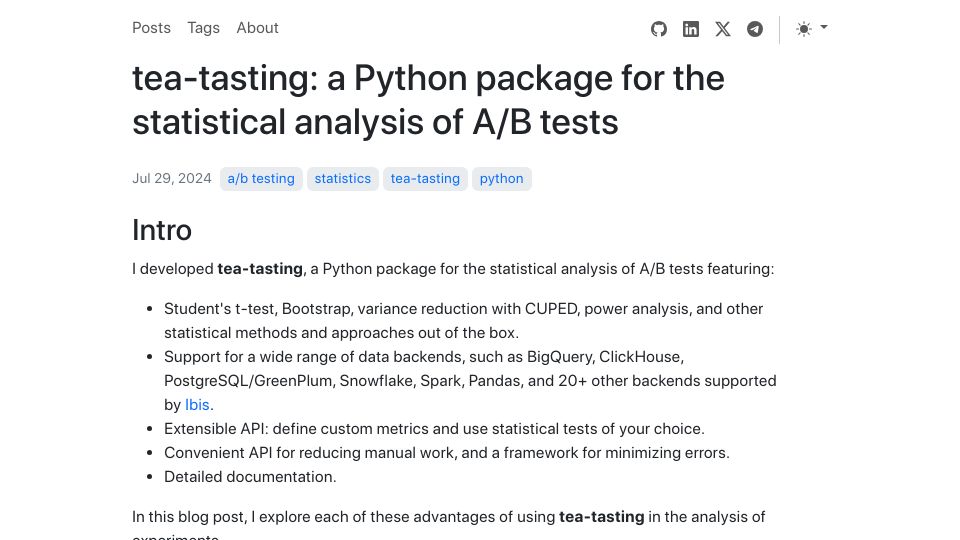 Screenshot of e10v.me: Show HN: Tea-tasting, a Python package for the statistical analysis of A/B tests